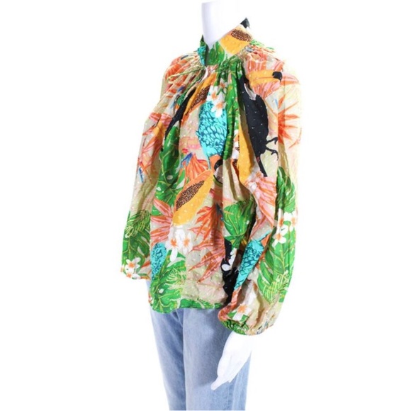 Farm Rio Womens Tropical Print Swiss Dot Blouse Multi Colored Size Extra Small - Picture 3 of 6